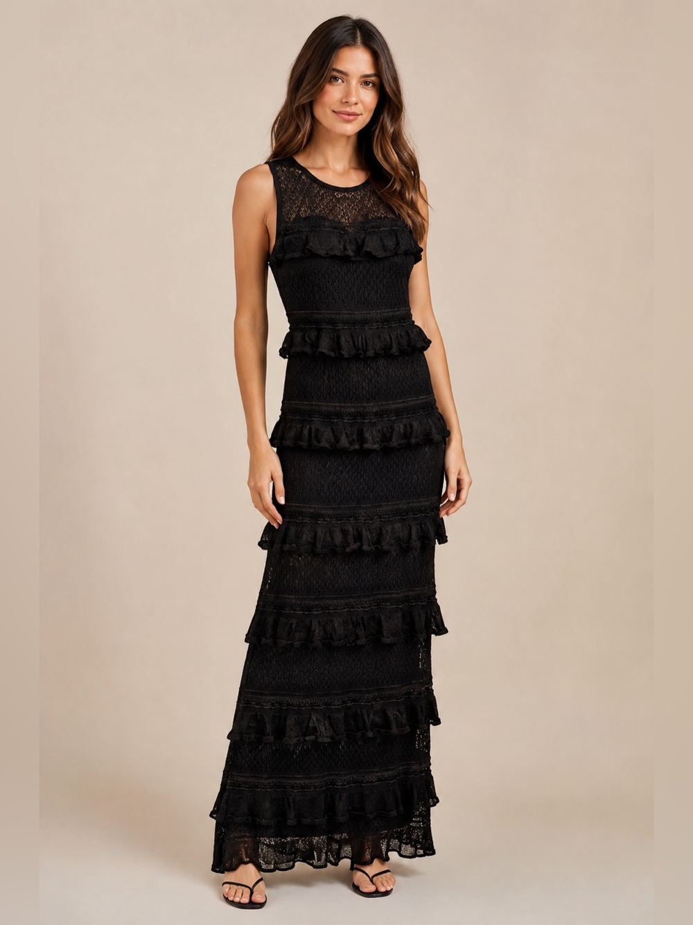 MABLE Black Crochet Ruffle Tiered Maxi Dress Medium NWOT
